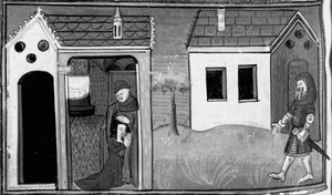 Decameron, Arimino hoort de bekentenis van zijn vrouw; de man staat op wacht bij de deur van het huis. Zevende dag, kort verhaal 5 door Giovanni Boccaccio