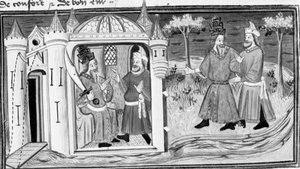 Decameron, Melchisedek vertelt Saladin de parabel van de drie ringen; de twee mannen worden vrienden. Eerste dag, kort verhaal 3. door Giovanni Boccaccio