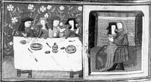 Decameron, Spinelloccio en Zeppa zitten aan tafel met hun vrouwen; Zeppa kust Spinelloccio