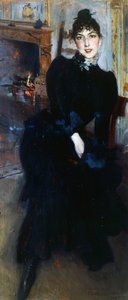 Alaide Banti bij de open haard door Giovanni Boldini