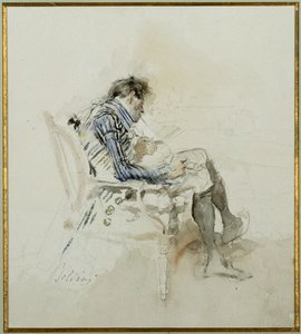 Heer zittend in een Fauteuil die een Boek leest en een Pijp rookt door Giovanni Boldini