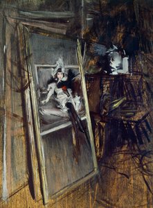 Binnen in het atelier van de schilder met schilderij Jong Meisje, Errazuriz, door Giovanni Boldini