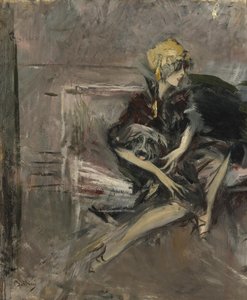 Dame in een gele hoed met haar hond Marchesa Casati