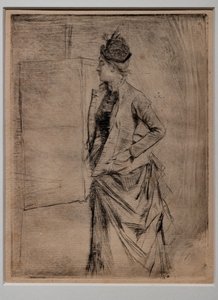 Portret van een Staande Jonge Vrouw in Profiel (Het Bezoek) door Giovanni Boldini