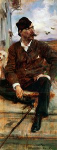 Portret van de schilder Cristiano Banti met een geruite hoed door Giovanni Boldini