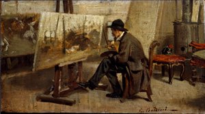 De schilder Giovanni Fattori in zijn atelier Schilderij toegeschreven aan Giovanni Boldini (1842-1931) 1863-1869 Zon. 13x24 cm Milaan privécollectie door Giovanni Boldini