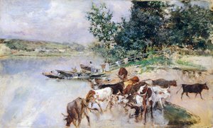 Het drenken van vee aan de Seine door Giovanni Boldini