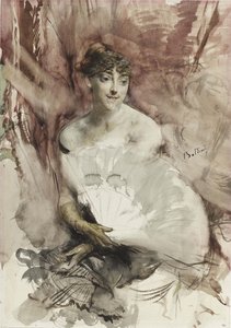 Vrouw met waaier zittend in een theaterloge, Gravin van Rasti, ca 1878 door Giovanni Boldini
