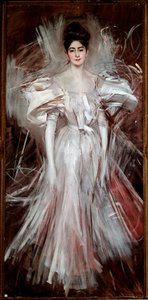 Jonge vrouw gekleed in witte satijn (Vuurwerk) door Giovanni Boldini