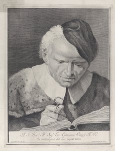 Man met een hoed die een boek leest met een vergrootglas, 1743 door Giovanni Cattini