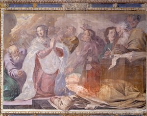 Italië, Lombardije, Pavia, Pavia Charterhouse (Certosa), Verhalen van Jezus en Maria, fresco (detail) door Giovanni Cristoforo Storer