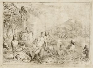 Landschap met een Satyr Familie en Klassieke Beeldhouwwerken door Giovanni David after Giovanni Benedetto Castiglione