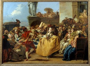 Carnavalscène of de Menuet. Dansscène met maskers in de 18e eeuw. Schilderij door Gian Domenico Tiepolo (1727-1804)