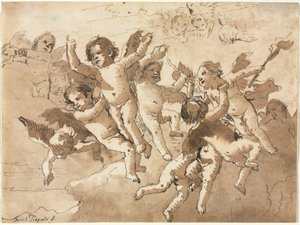 Cupido in de Wolken met Begeleidende Cherubijnen, 1757 of later door Giovanni Domenico Tiepolo