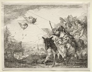 Vlucht naar Egypte: Jozef pauzeert om naar het kind Christus te kijken door Giovanni Domenico Tiepolo