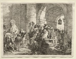 Vlucht naar Egypte: De Heilige Familie Onder een Boog door Giovanni Domenico Tiepolo