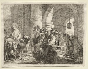 Vlucht naar Egypte: De Heilige Familie onder een boog door Giovanni Domenico Tiepolo