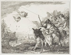 Jozef aanbidt het kind dat wordt vastgehouden in de armen van Maria, plaat negen uit De Vlucht naar Egypte door Giovanni Domenico Tiepolo