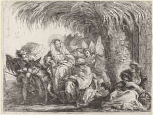 Jozef knielt met het kind voor Maria op de ezel door Giovanni Domenico Tiepolo