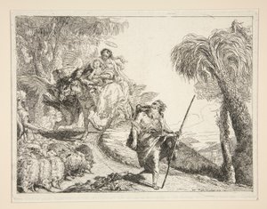 Jozef met de Maagd en Kind, uit de serie Idee pittoresche sopra la fuga in Egitto (Vlucht naar Egypte) door Giovanni Domenico Tiepolo