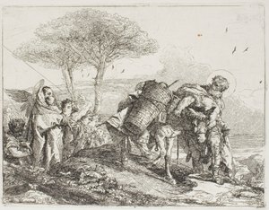 Maria, geholpen door twee engelen, volgt Jozef met de ezel, plaat 25 uit De Vlucht naar Egypte door Giovanni Domenico Tiepolo