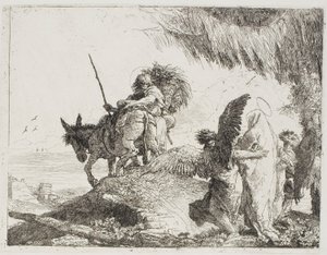 Maria, Ondersteund door Twee Engelen, Volgt Jozef, plaat 26 uit De Vlucht naar Egypte door Giovanni Domenico Tiepolo