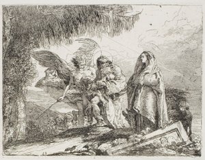 Maria en Jozef, die het Kind Vasthouden, worden Begeleid door een Engel, plaat twaalf uit De Vlucht naar Egypte door Giovanni Domenico Tiepolo
