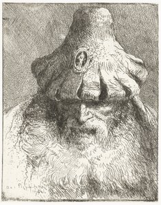 Oude man met kegelvormige muts met ingesneden rand door Giovanni Domenico Tiepolo
