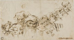 Schetsen van mannenkoppen (recto); Koningin en Page (verso)