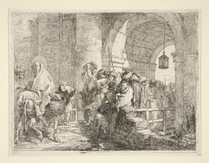 De Aankomst van de Heilige Familie bij de Poort van een Stad, uit de serie Idee pittoresche sopra la fuga in Egitto door Giovanni Domenico Tiepolo