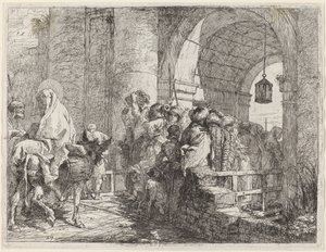 De Heilige Familie arriveert bij een stadspoort door Giovanni Domenico Tiepolo
