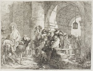 De Heilige Familie arriveert bij een stadspoort, plaat 27 uit De vlucht naar Egypte door Giovanni Domenico Tiepolo