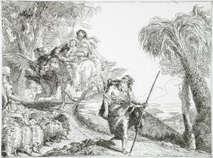 De Heilige Familie daalt een bospad af, nabij een kudde en enkele herders door Giovanni Domenico Tiepolo