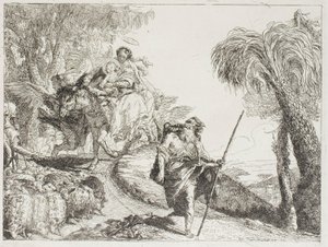De Heilige Familie die een Bosweg Afdalen, Bij een Kudde en Enkele Herders, plaat 21 uit De Vlucht naar Egypte door Giovanni Domenico Tiepolo