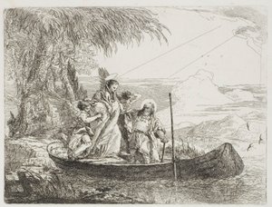 De Heilige Familie gaat aan boord met de hulp van de engelen, plaat zestien uit De vlucht naar Egypte door Giovanni Domenico Tiepolo