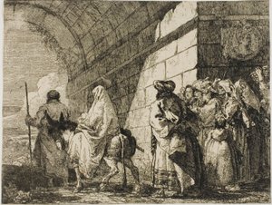 De Heilige Familie verlaat een stadspoort, plaat zeven uit De Vlucht naar Egypte door Giovanni Domenico Tiepolo