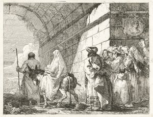 De Heilige Familie passeert onder een stadspoort door Giovanni Domenico Tiepolo