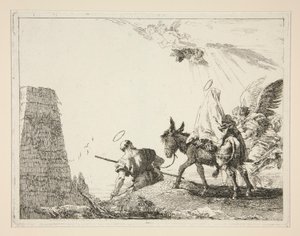 De Heilige Familie passeert een piramide, uit de serie Idee pittoresche sopra la fuga in Egitto (Vlucht naar Egypte) door Giovanni Domenico Tiepolo