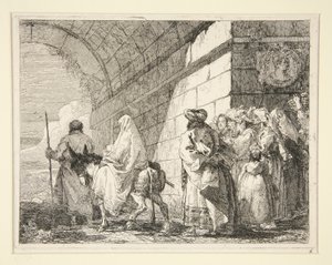 De Heilige Familie onder een boog, vertrekkend door een stadspoort, uit de serie Idee pittoresche sopra la fuga in Egitto (Vlucht naar Egypte) door Giovanni Domenico Tiepolo