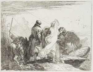 De Heilige Familie stapt van de oever, plaat vijftien uit De vlucht naar Egypte