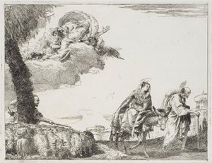 De Heilige Familie Wandelt Langs een Stadsmuur. Links een Herder met zijn Kudde en God de Vader, plaat acht uit De Vlucht naar Egypte