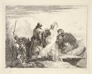 De Heilige Familie bij een rivier, uit de serie Idee pittoresche sulla fuga in Egitto (Vlucht naar Egypte) door Giovanni Domenico Tiepolo
