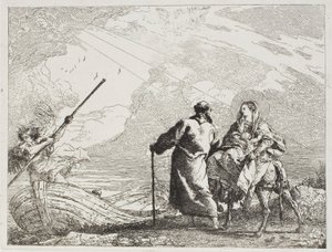 De Heilige Familie aan de oever van een rivier, plaat veertien uit De vlucht naar Egypte door Giovanni Domenico Tiepolo