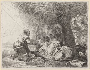 De rust tijdens de vlucht met Jozef in aanbidding door Giovanni Domenico Tiepolo