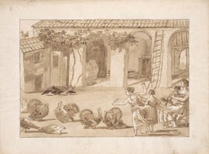 Kalkoenen in een Venetiaanse boerderij, de derde tekening in Tiepolo door Giovanni Domenico Tiepolo