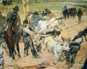 Brandmerken van jonge stieren in Maremma (detail) door Giovanni Fattori