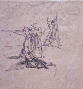 Vier soldaten in actie door Giovanni Fattori