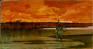 Lanciere di vedetta presso un fiume. De wachtpost aan de rivier. Schilderij door Giovanni Fattori (1825-1908) 1885-1890. Dim. 27x57 cm. Florence, Galleria d