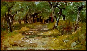 Het pad tussen olijfbomen. Schilderij door Giovanni Fattori (1825-1908) 1890-1900. Dim. 19x33 cm Florence, Galleria d