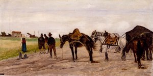 Wagen en boeren op het Romeinse platteland, door Giovanni Fattori door Giovanni Fattori